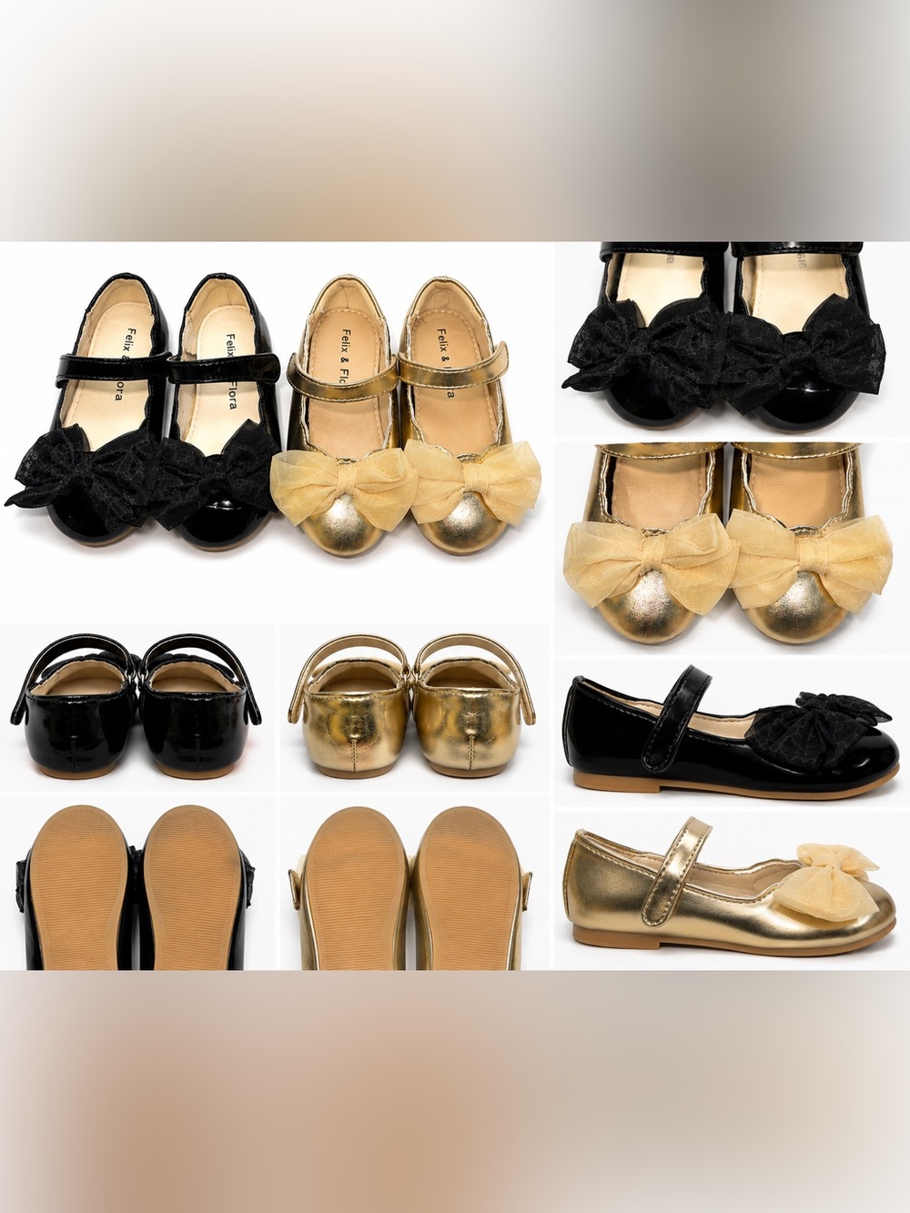 Felix & Flora Toddler Mary Jane Bow Shoes Bundle Black Gold Size 6 Dress Flats